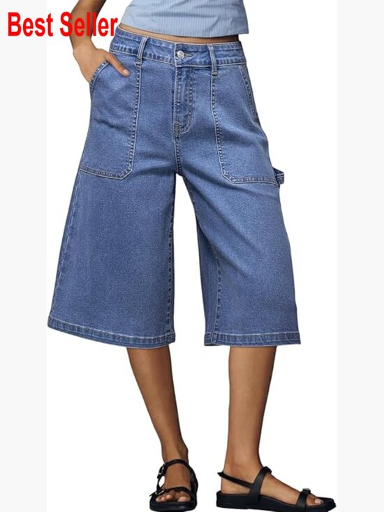 Pants - High Waisted Stretch Wide Leg Cargo Denim Shorts Below Knee Length